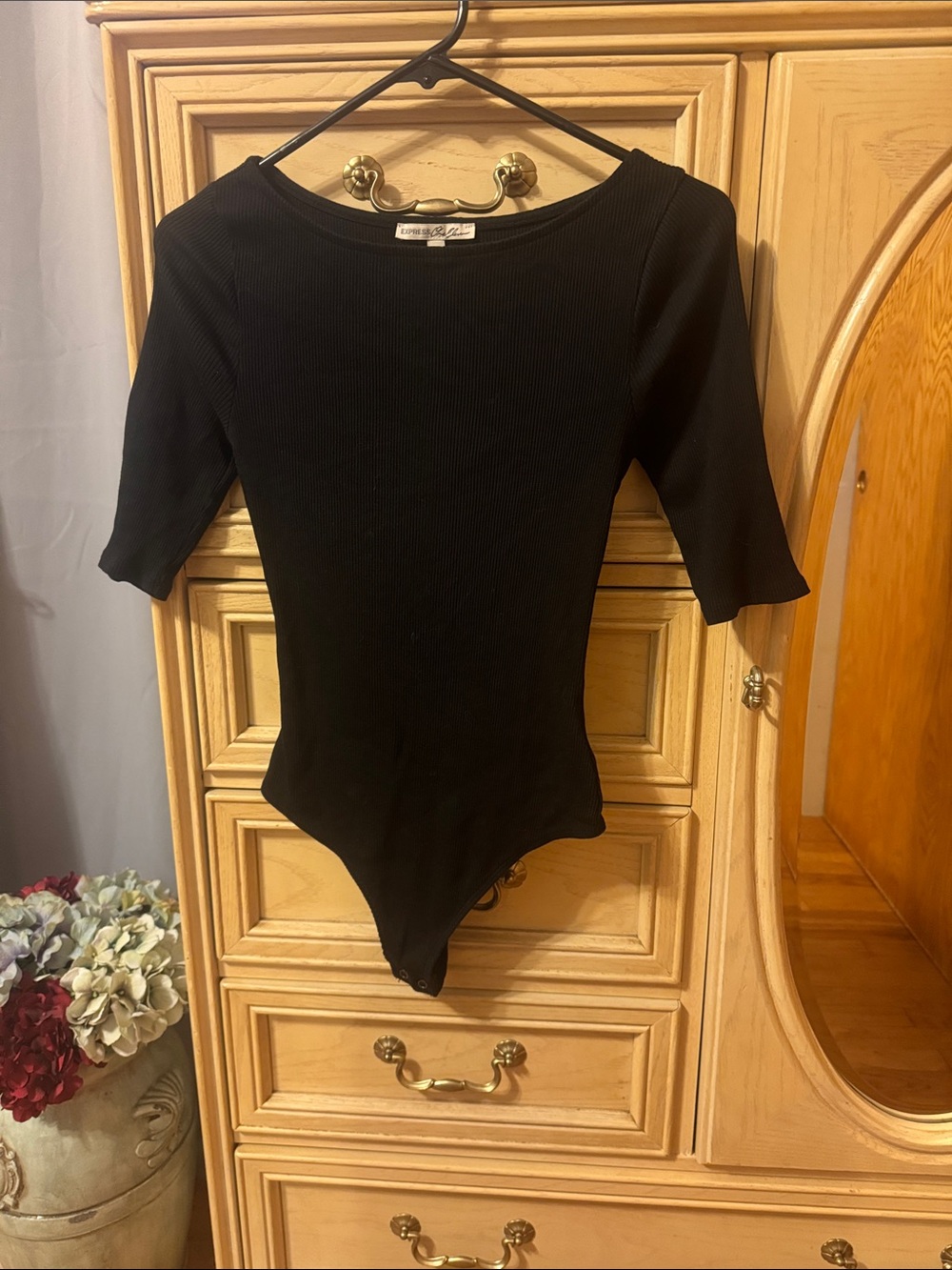 Express Black Ribbed 3/4 Sleeve Bodysuit
